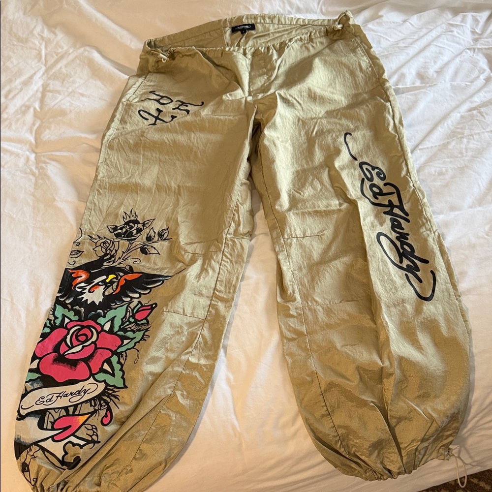 Ed Hardy Tan Track Pants with Rose Design
